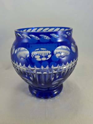 Bohemian Cobalt Blue Cut to Clear Glass Vase