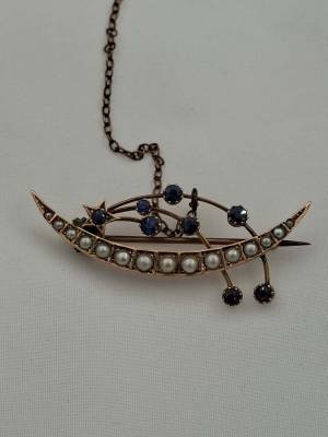 9ct Seed Pearl & Blue Stone Shooting Star Brooch