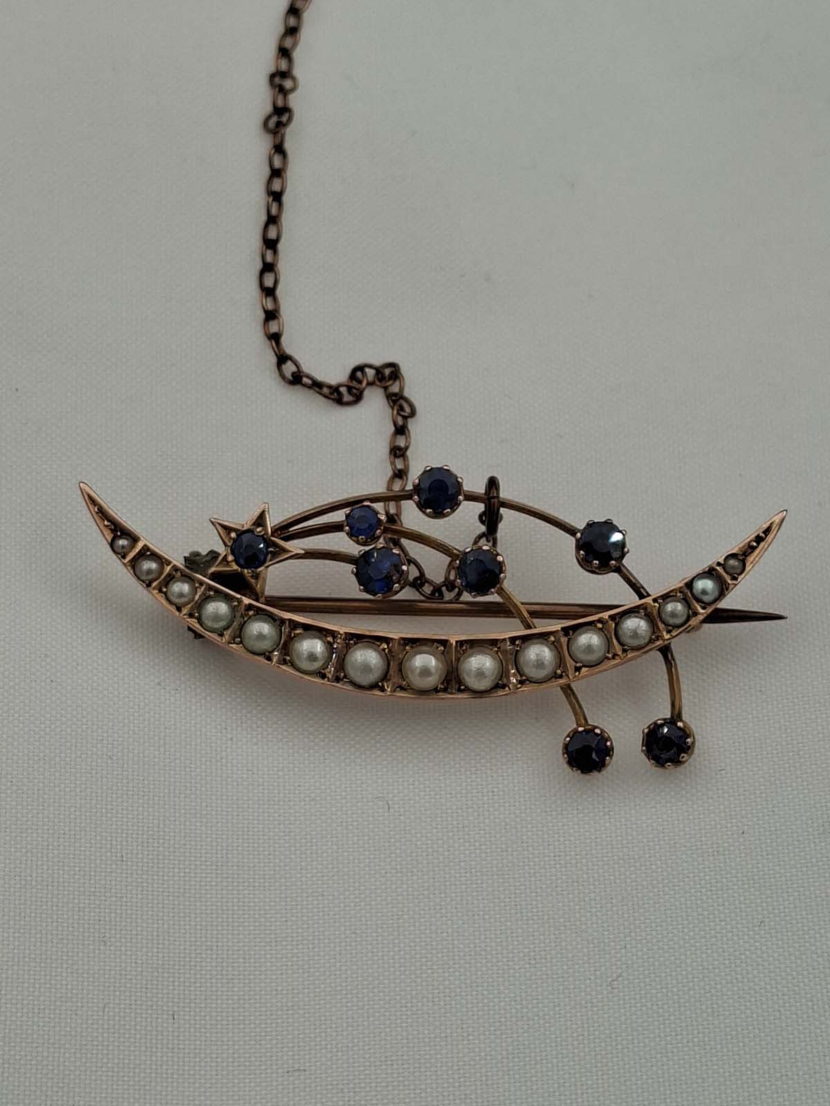 9ct Seed Pearl & Blue Stone Shooting Star Brooch