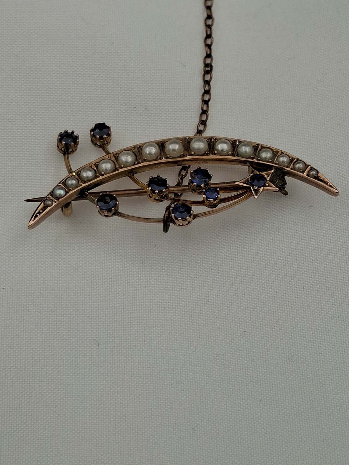 9ct Seed Pearl & Blue Stone Shooting Star Brooch - Image 3