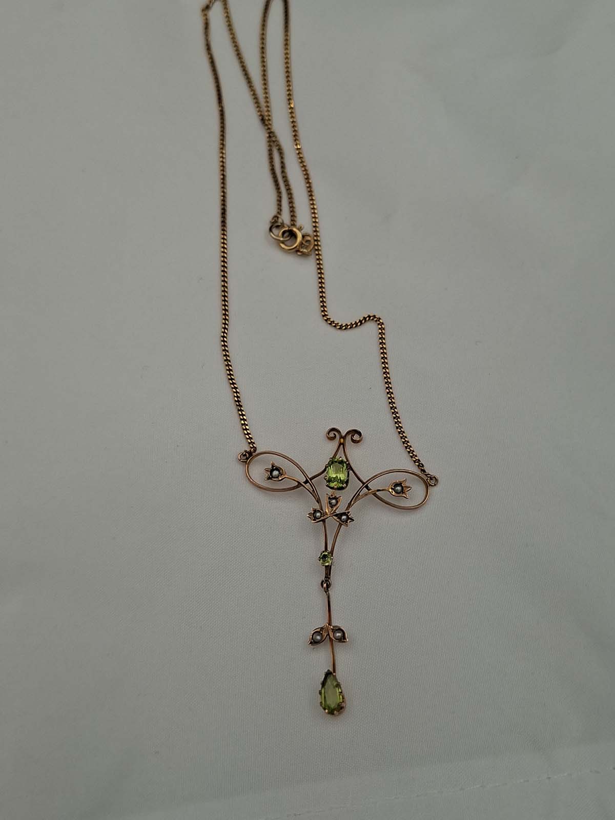Art Nouveau Lavalier Pendant Set with Peridots & Seed Pearls - Image 7