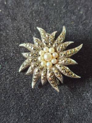 Sterling Silver, Marcasite & Pearl Brooch
