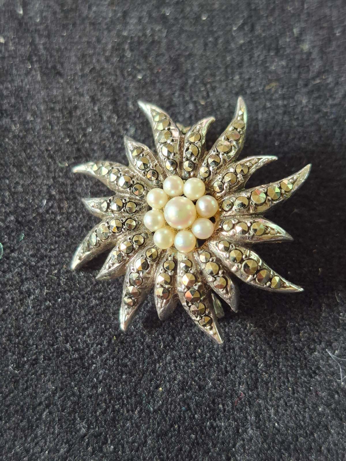 Sterling Silver, Marcasite & Pearl Brooch