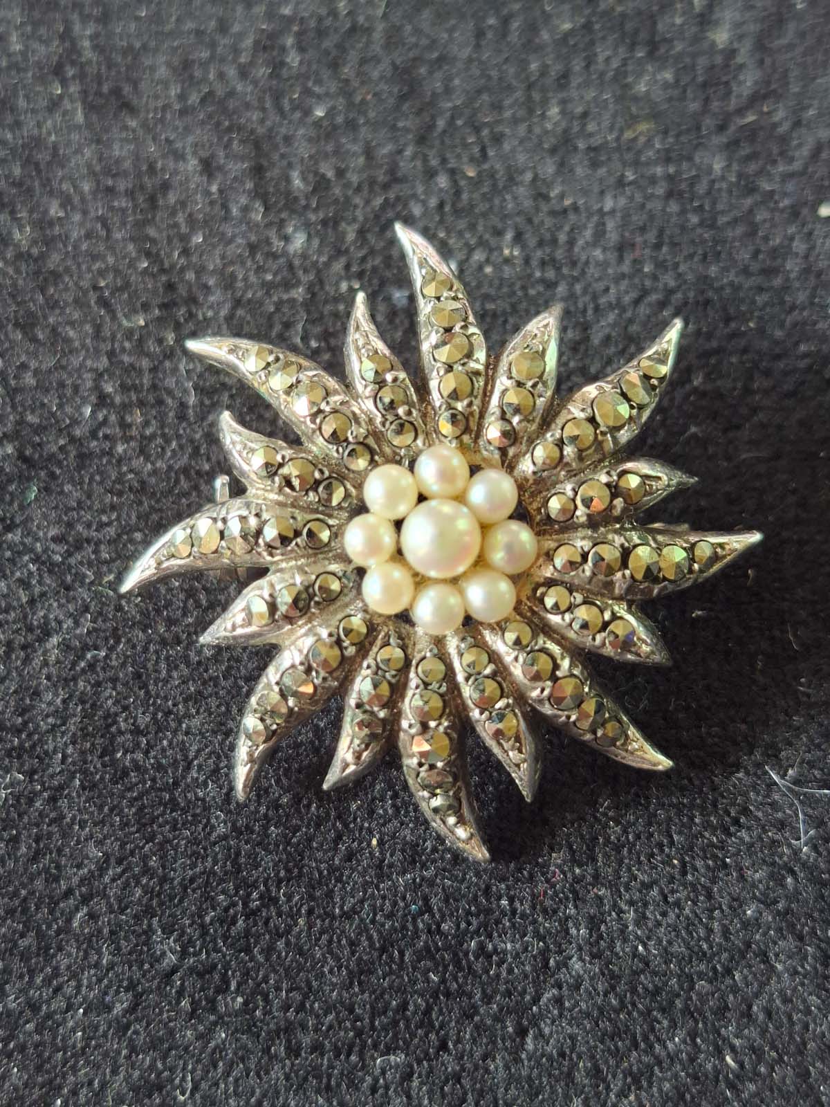 Sterling Silver, Marcasite & Pearl Brooch - Image 2