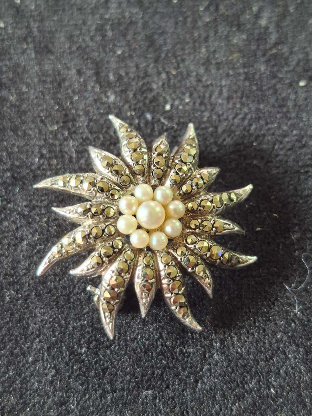 Sterling Silver, Marcasite & Pearl Brooch - Image 3