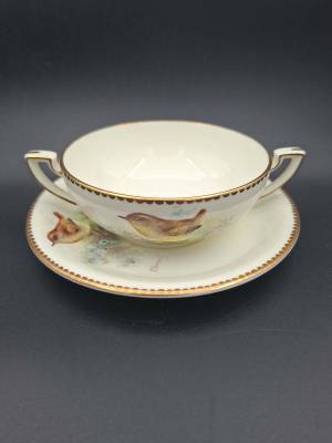 Royal Worcester Hand Painted & Signed Soup Bowl & Saucer “Wren”