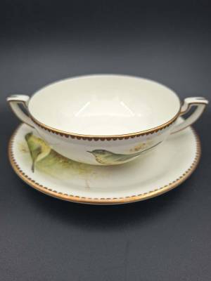 Royal Worcester Hand Painted & Signed Soup Bowl & Saucer “Thrush”
