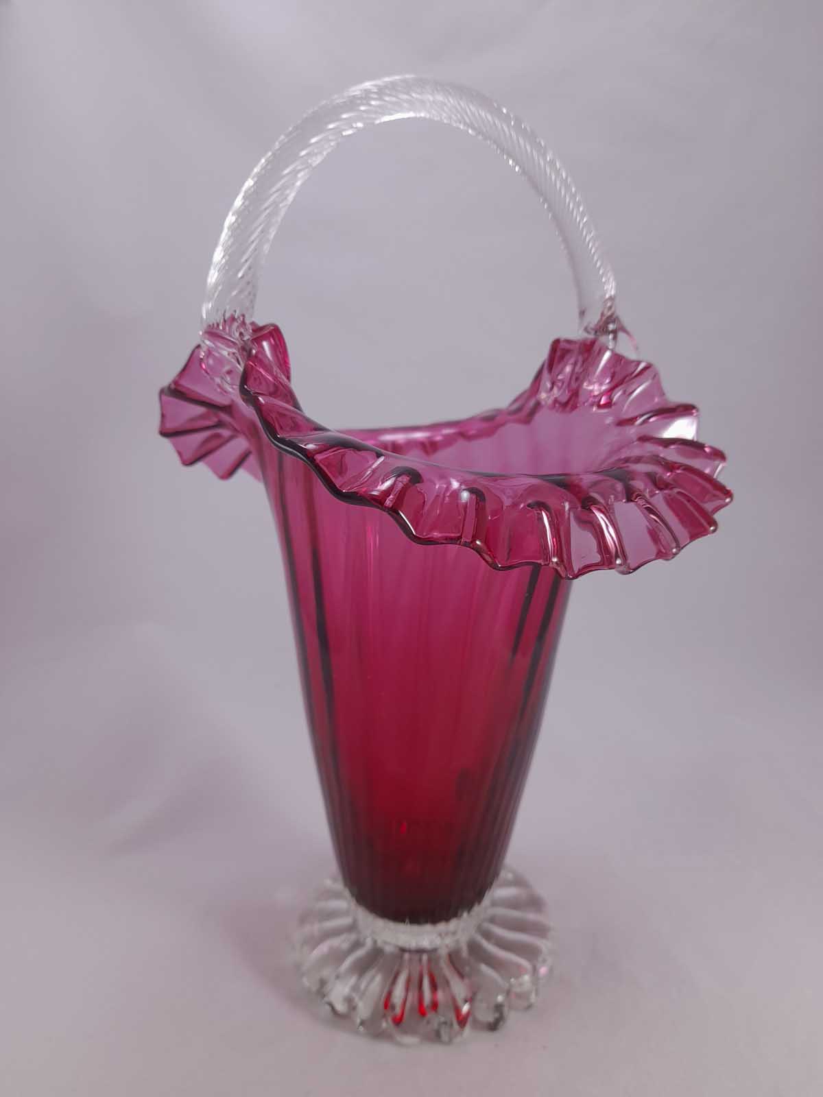Fenton Crimped Edge Cranberry Glass Basket Vase