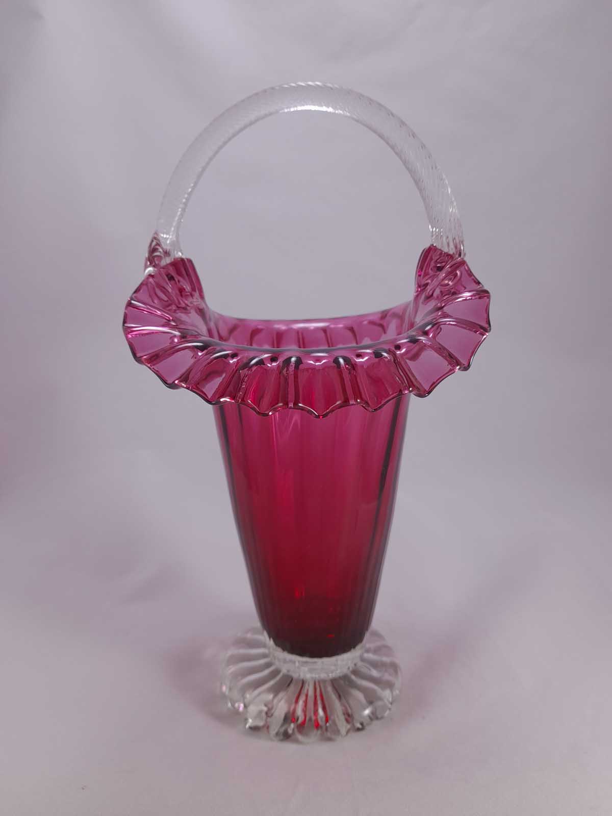 Fenton Crimped Edge Cranberry Glass Basket Vase - Image 4