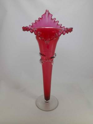 Tall Cranberry Crimped Edge Glass Vase